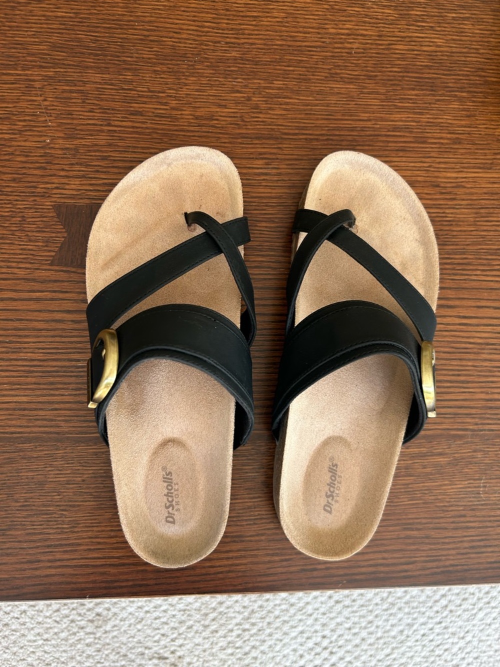 Dr. Scholl's Black Slide Sandals with Gold Buckle